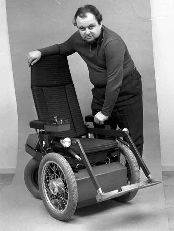 Per Uddén, founder of the Permobil, standing next to one of his creations at the Sundsvalls Museum of Sweden.