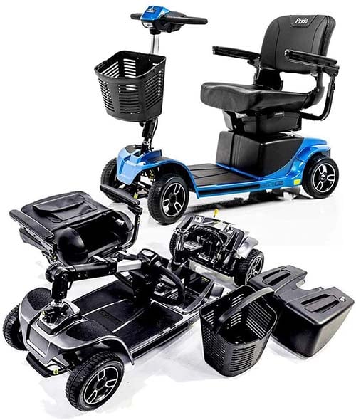 Assembled and disassembled versions of the Pride Revo 4 wheel mobility scooter