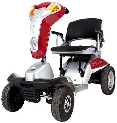 The Titan Hummer XL mobility scooter with a frame that is mostly white with red highlights.