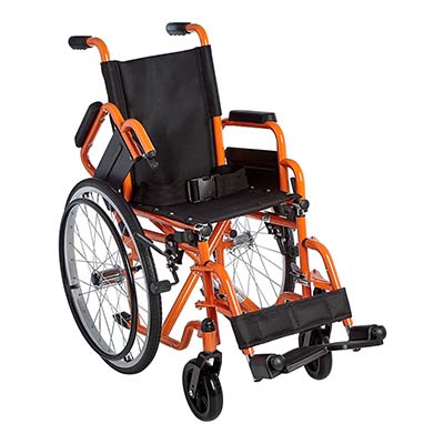 One Armrest Flipped to the Back of Orange Color Ziggo Lightweight Pediatric Wheelchair