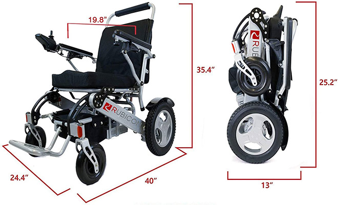 Full-size and folded versions of the ComfyGO Rubicon 6016 with labels of their dimensions