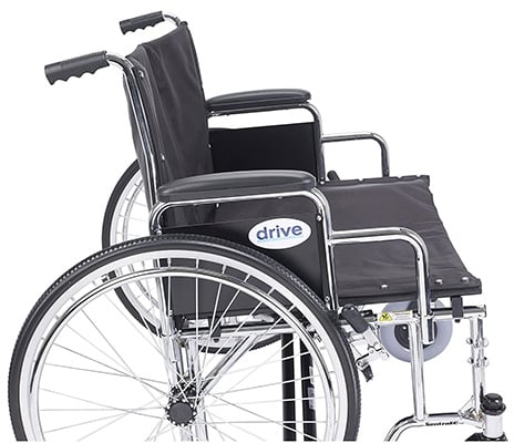 The Drive Medical Sentra wheelchair facing to the right with a logo under the armrest