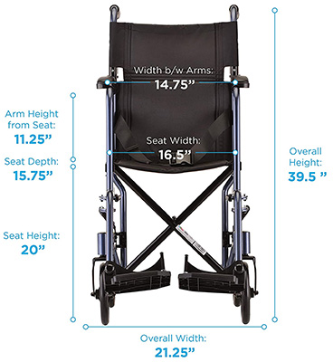 The Nova 327 Transport Chair with labels of its dimensions