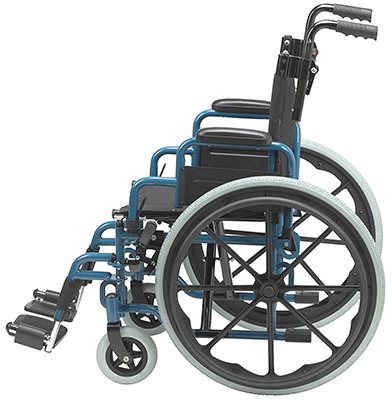 The Wallaby Pediatric folding wheelchair facing the left side