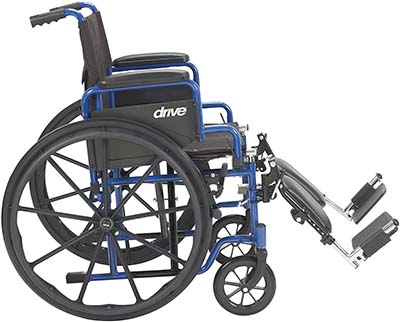 Drive Medical Blue Streak Wheelchair facing to the right with swing-away legrests