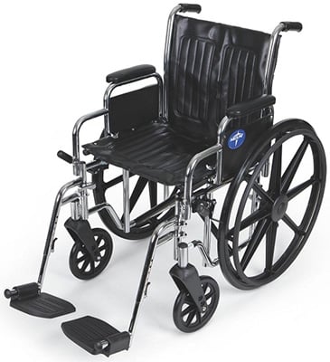 Medline Excel 2000 Deluxe wheelchair with carbon steel frame and black seat upholstery 