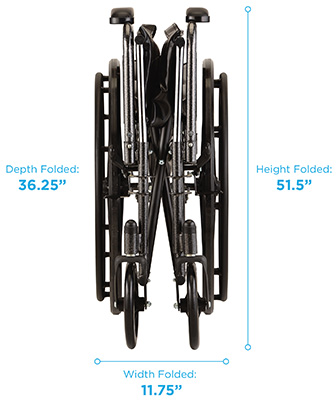 Folded Nova 6200S Recliner wheelchair with labels of its dimensions