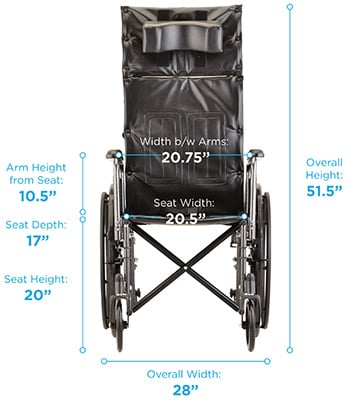 The Nova 6200S Reclining Wheelchair with labels of its dimensions
