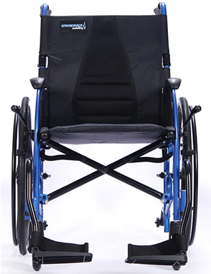 Strongback 24 Mobility Wheelchair featuring padded backrest, curved seat frame, and foldable leg rests. 