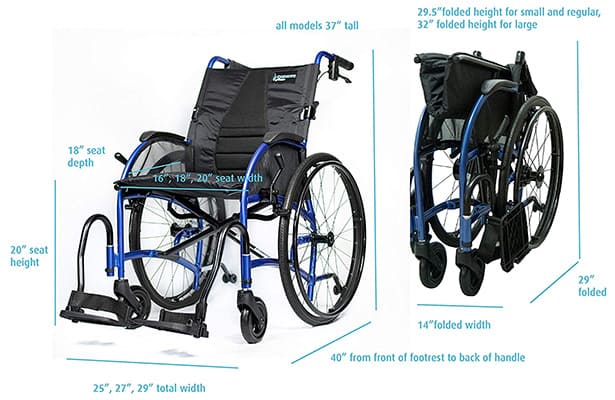 Folded and not folded Strongback Mobility 24 wheelchair with labels of its dimensions