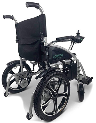  Comfy Go Electric Wheelchair with attendant handles and ComfyGo logo on the side guard  