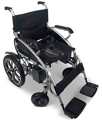 6011 Comfy Go Electric Wheelchair with a black nylon upholstery and joystick controller attached to the right armrest