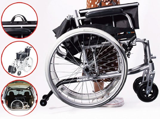 Two nylon handles of Hi-Fortune wheelchair, folded version of the wheelchair in a standing position, s trunk with the wheelchair inside, and the wheelchair with its seat folded.