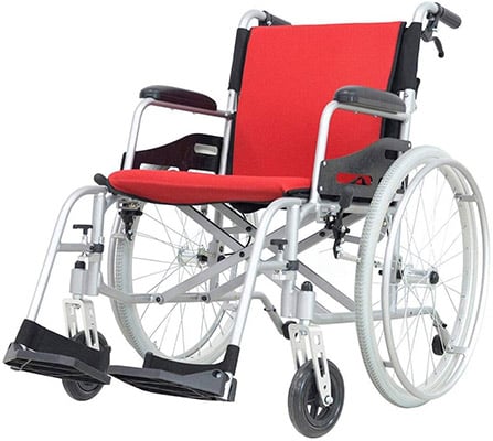 Hi-Fortune Lightweight Wheelchair with white frame and red mesh upholstery
