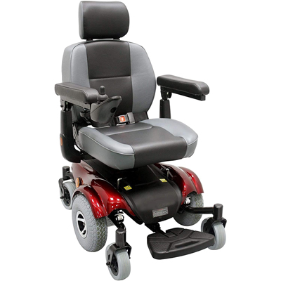 Compact Mid-Wheel Drive Power Chair with Burgundy base frame