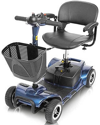 Vive 4 Wheel Mobility Scooter with a front-mounted storage basket