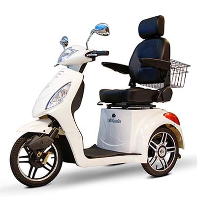 White variant of Ew 36 Scooter with a basket mounted at the back of the seat