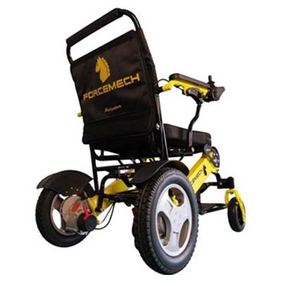 Forcemech Navigator electric wheelchair with a Forcemech logo at the back of the seat 