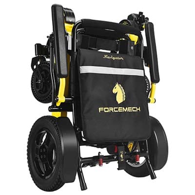 Folded Forcemech Navigator power wheelchair in a standing position