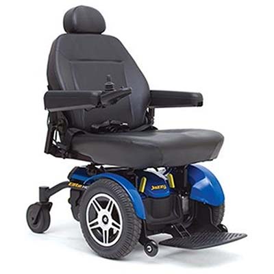 Viper blue variant of Pride Mobility Jazzy Elite power wheelchair  