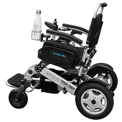 Sentire Med Deluxe electric wheelchair with a water bottle on its cup holder 