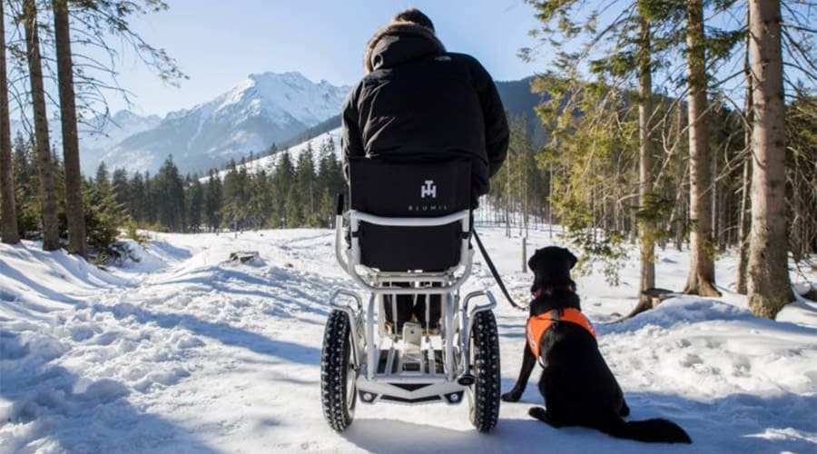 A person riding the Blumil Power Wheelchair in the snow holding a leash of a dog