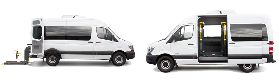 Full-Sized white vans with side and rear entry for wheelchairs