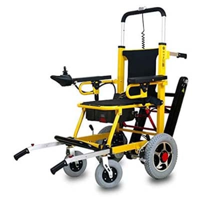 A standing electric wheelchair with a yellow frame 