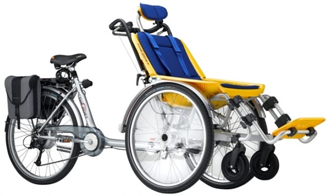 An adaptive bike with 3 wheels and 2 front casters