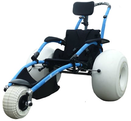 An all terrain beach wheelchair with Blue frame