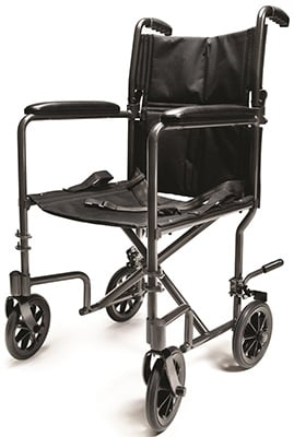 A lightweight transport wheelchair with a Black frame