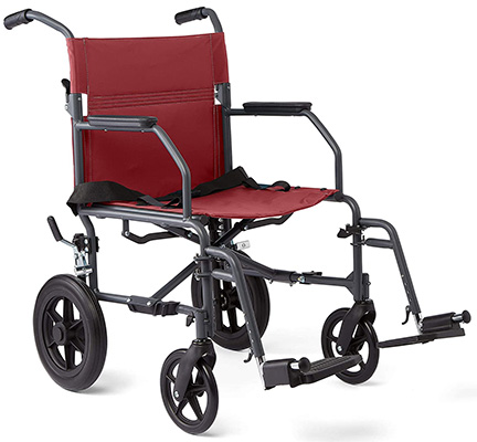  A transport wheelchair with red upholstery