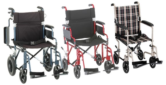 Three manual transport wheelchairs