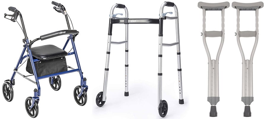 A wheelchair, walker, and crutches