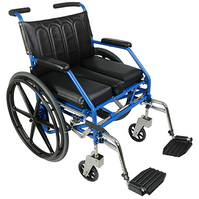 A manual wheelchair with a Blue frame