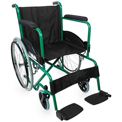 A manual wheelchair with a Green frame