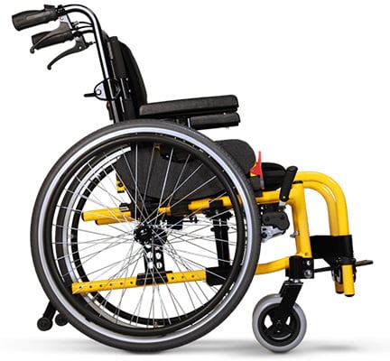 A manual pediatric wheelchair with a Yellow frame