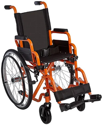 A lightweight pediatric wheelchair with an Orange frame