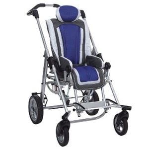 A pediatric wheelchair stroller with a Silver frame