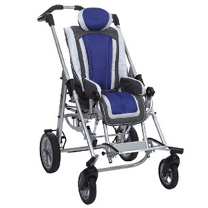 A pediatric wheelchair stroller with a Silver frame