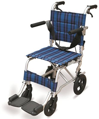 A pediatric transport chair with front and rear casters