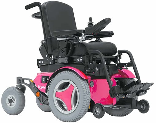 A pediatric power wheelchair with a tri-spoke wheel