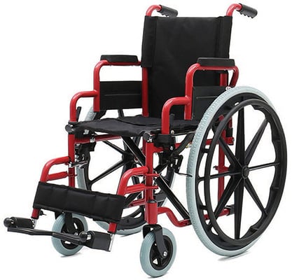 A pediatric manual wheelchair with red frame