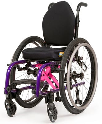 A manual pediatric wheelchair with purple frame and pink crossbrace