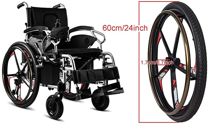 A power wheelchair right next to a wheelchair tire with measurements
