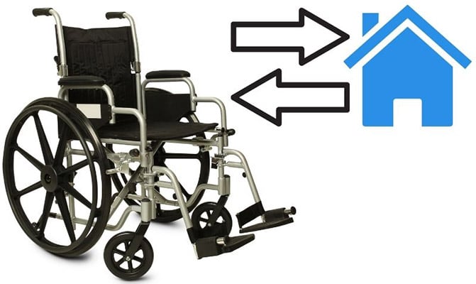 A wheelchair and an illustration of a house between them