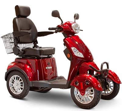 A 4-wheel mobility scooter with a rear basket