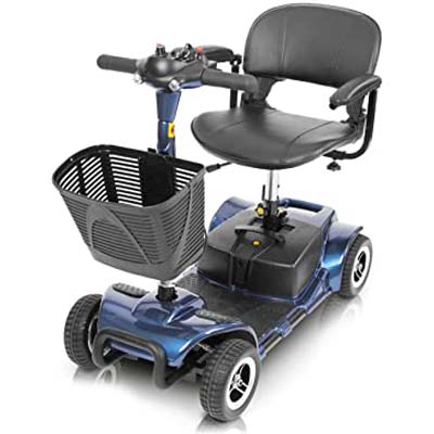 A 4-wheel mobility electric powered scooter with a Blue base frame