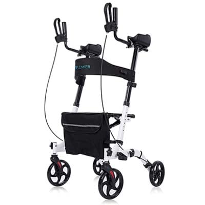 An upright walker with 4 small wheels