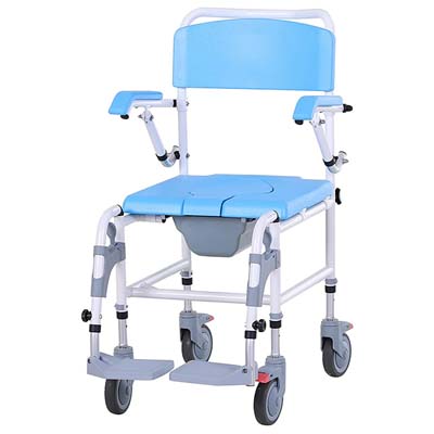 Commode Shower Wheelchair with Blue seat, seatback, and armrests